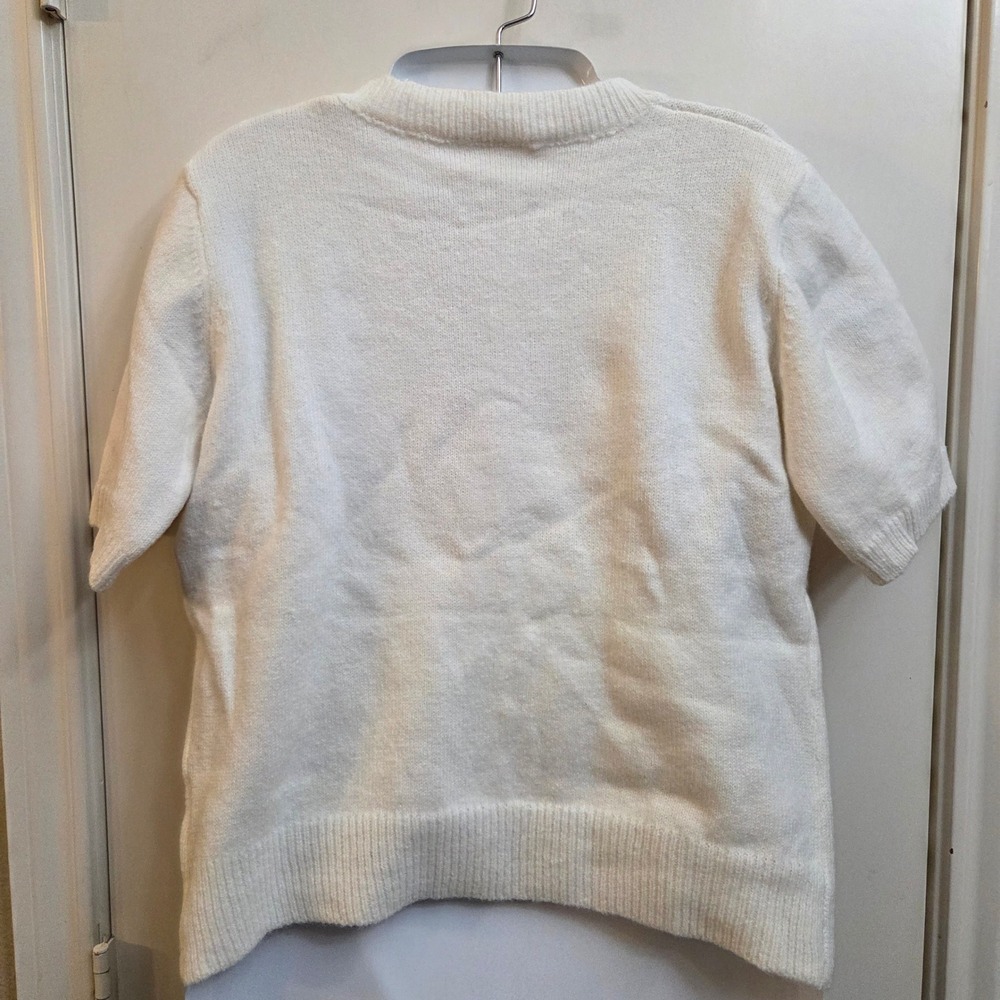 White Lemon Fruit Applique Short Sleeve Knit Button Up Cardigan Sweater Small - Picture 2 of 3